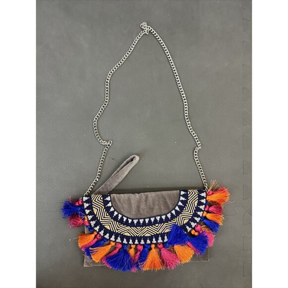 Roberta Roller Rabbit Grey Velvet Beaded Tassle Clutch Wrislet FS Bnfts Charity - Picture 1 of 10